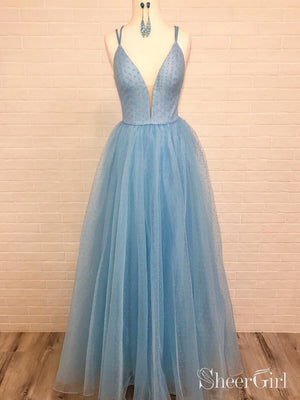 Spaghetti Strap V Neck Sky Blue Prom Dress with Tiny Dot Print ARD1965-SheerGirl