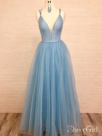 Spaghetti Strap V Neck Sky Blue Prom Dress with Tiny Dot Print ARD1965-SheerGirl