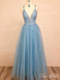Spaghetti Strap V Neck Sky Blue Prom Dress with Tiny Dot Print ARD1965-SheerGirl
