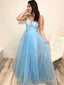 Spaghetti Strap V Neck Sky Blue Prom Dress with Tiny Dot Print ARD1965