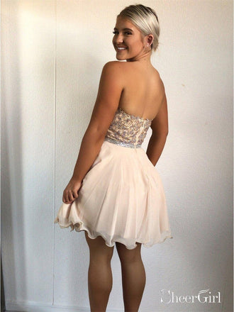 Sweetheart Neck Beaded Nude Homecoming Dresses Short Prom Dress ARD1354-SheerGirl