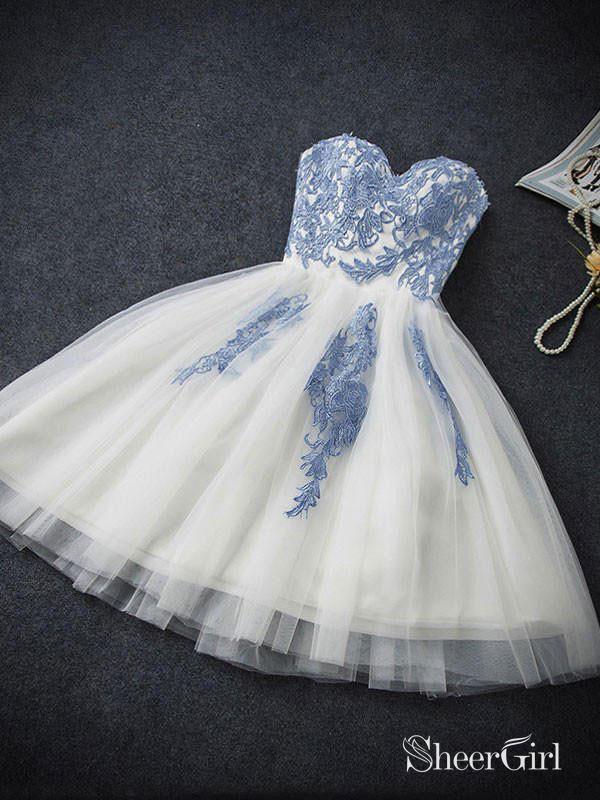 Sweetheart Neck Ivory Tulle with Blue Lace Appliqued Homecoming Dresses,Apd2574 Sweetheart Neck Ivory Tulle with Blue Lace Appliqued Homecoming Dresses,Apd2574