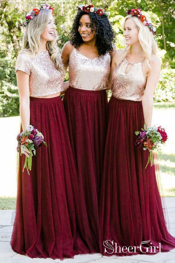 Tulle Short Sleeve Gold Burgundy Mismatched Bridesmaid Dresses Fitted PB10100-SheerGirl