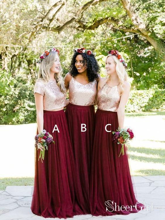 Tulle Short Sleeve Gold Burgundy Mismatched Bridesmaid Dresses Fitted PB10100-SheerGirl