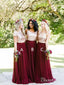 Tulle Short Sleeve Gold Burgundy Mismatched Bridesmaid Dresses Fitted PB10100