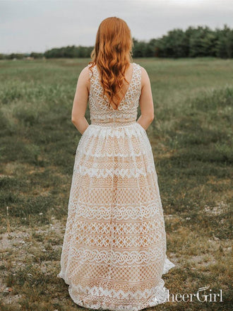 V Neck Long Lace Prom Dresses Plus Size with Pocket Vintage Formal Dress ARD1949-SheerGirl