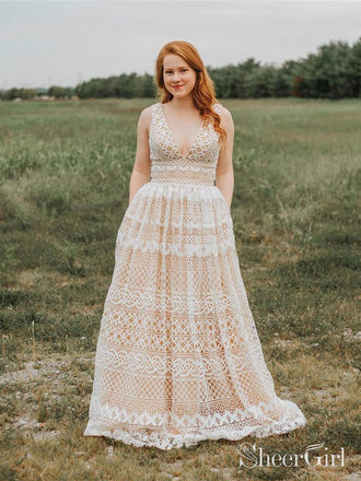 V Neck Long Lace Prom Dresses Plus Size with Pocket Vintage Formal Dress ARD1949-SheerGirl