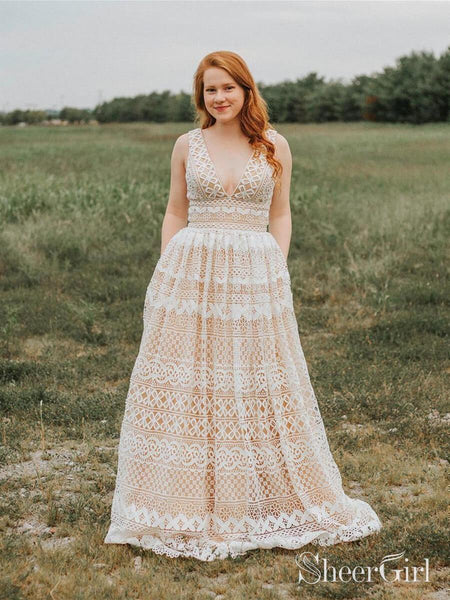 V Neck Long Lace Prom Dresses Plus Size with Pocket Vintage Formal Dre SheerGirl